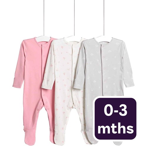 M&S Floral Popper Footed Sleepsuits, 0-3 Months, Pink