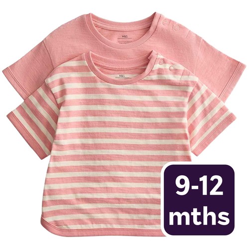 M&S Girls Pure Cotton Patterned Tops, 9-12 Months, Pink Mix