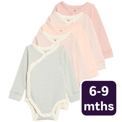 M&S Girls Pure Cotton Striped Bodysuits 6-9 Months Blush