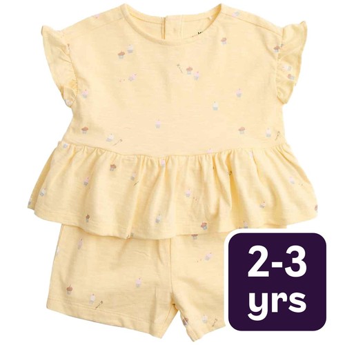 M&S Cotton Cupcake Jersey Top and Short, 2-3 Y, Yellow