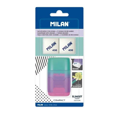 Milan Sunset Compact Pencil Sharpener & 2 Replacement Erasers