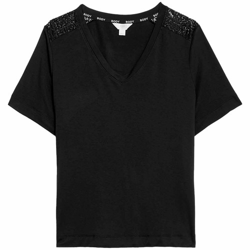M&S Womens Body Soft Lace Detail Pyjama Top, Medium, Black