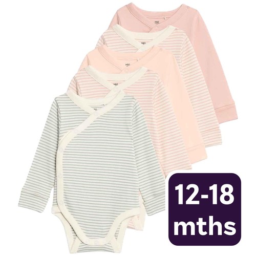 M&S Girls Pure Cotton Striped Bodysuits 12-18 Months Blush