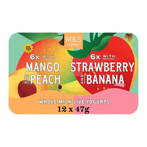 M&S 6 x Mango & Peach & 6 x Strawberry & Banana Whole Milk Live Yogurts
