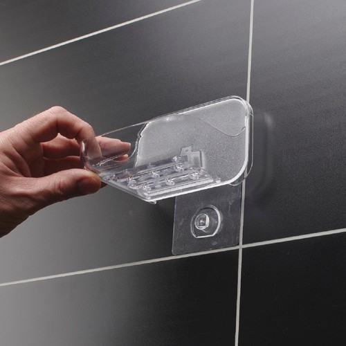 Addis Invisifix Bathroom Soap Dish Tray with Wall Mount Storage, Clear