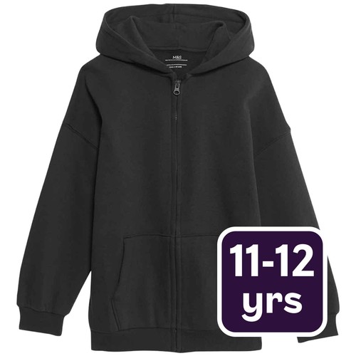 M&S Unisex Cotton Rich Plain Hoodie, 11-12 Years, Black