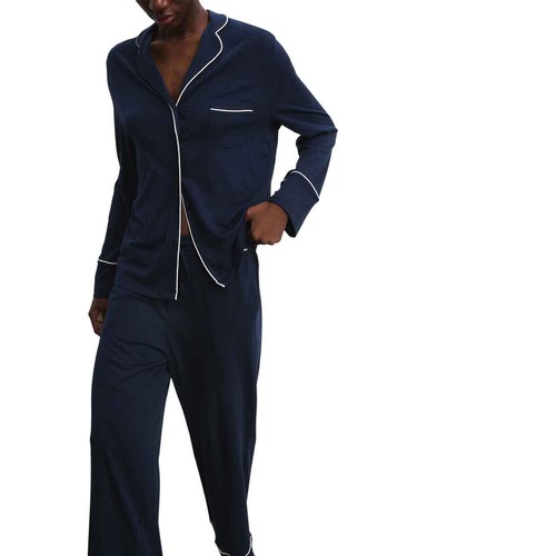 M&S Womens Autograph Cotton Modal Revere Pyjamas, M, Navy