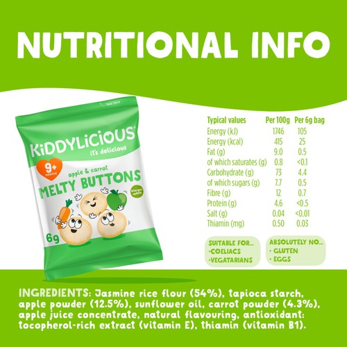 Kiddylicious Apple & Carrot Melty Buttons Baby Snacks Multi