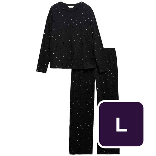M&S Womens Pure Cotton Printed Pyjama Set, Large, Black Mix