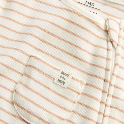 M&S Pocket Paris Zip Footed Sleepsuit, 3-6 Months, Oatmeal