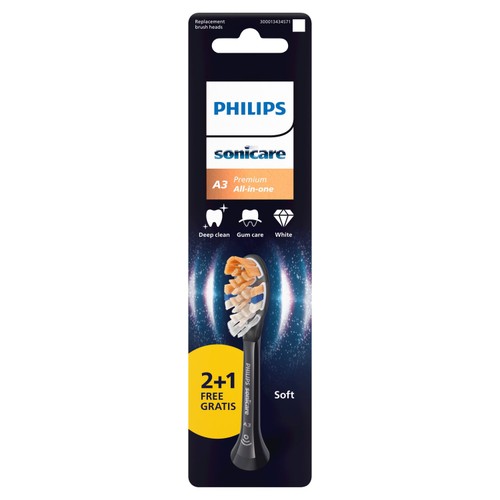 Philips Sonicare Genuine A3 Premium All-in-One Brush Head, Black, 2+1 Pack