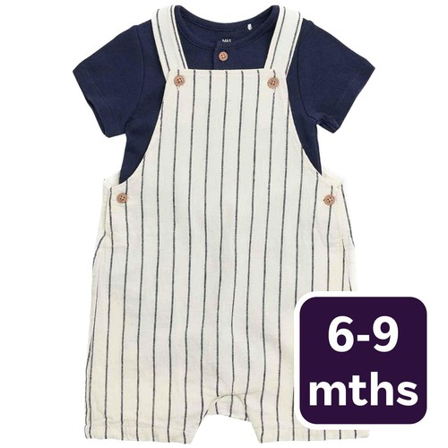 M&S Smart Thin Stripe Linen Bib Short, 6-9 Months, Blue