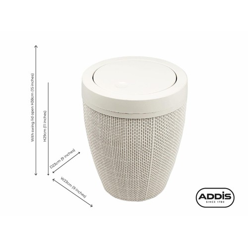 Addis Faux Hessian Plastic Round Swing Lid Bathroom Bin, White