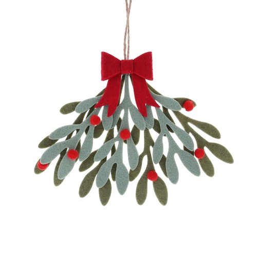 Hanging Fabric Mistletoe and Red Bow 19cm