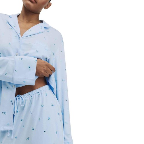 M&S Womens M&S Cotton Modal Printed Revere Pyjama Set, Large, Blue Mix