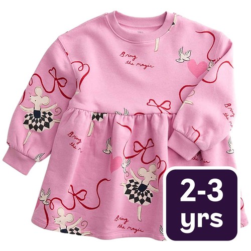 M&S Printed Sweat Dress, 2-3 Y, Rose