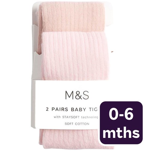 M&S Rib Tights, 0-6 M, Pink