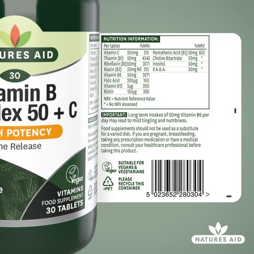 Natures Aid Vitamin B Complex 50 + C Supplement Tablets 