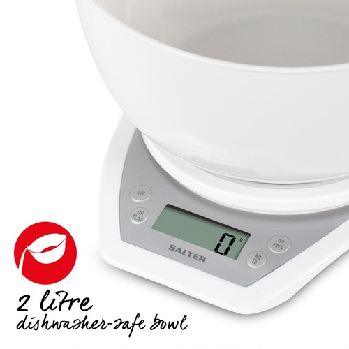 Salter Digital Kitchen Scales with Dual Pour Mixing Bowl, White