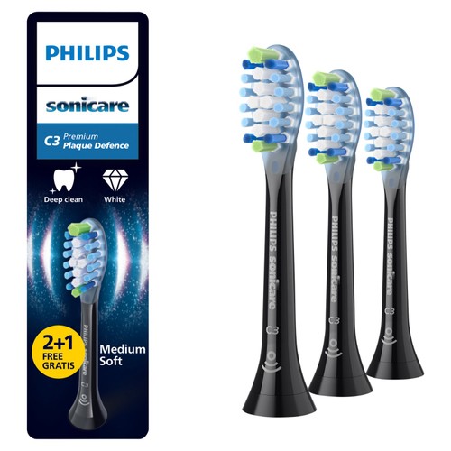Philips Sonicare C3 Premium Plaque Defence Brush Head, Black, 2+1 Pack