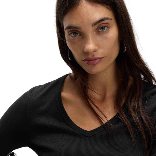 M&S Womens Cotton Rich Ribbed Plain V-Neck Slim Fit Top, 16, Black