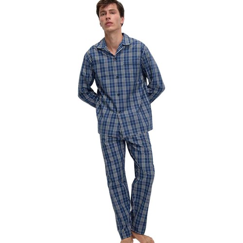 M&S Mens Pure Cotton Checked Pyjama Set, S, Blue