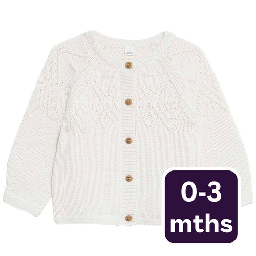 M&S Collection Girls, Pure Cotton Patterned Cardigan, 0-3 Months, Cream