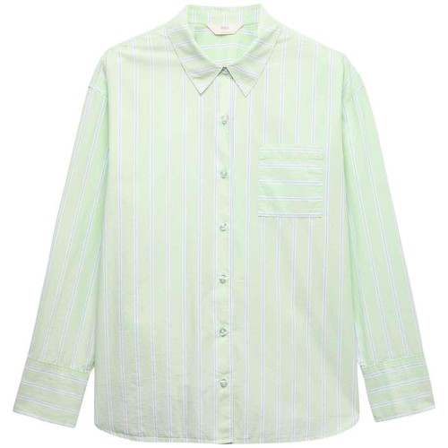 M&S Womens Pure Cotton Poplin Striped Pyjama Top, 14, Green