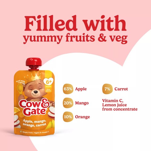 Cow & Gate Fruit Pouch Apple Mango Orange & Carrot Baby Food 6+ Months