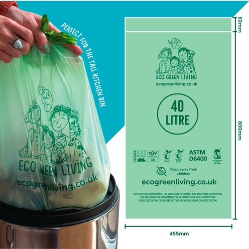 Eco Green Living Certified Compostable 40L Heavy Duty Drawstring Bin Bags