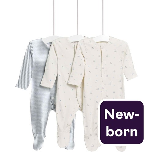M&S Dog Popper Footed Sleepsuit, 3 Pack, Newborn, Blue