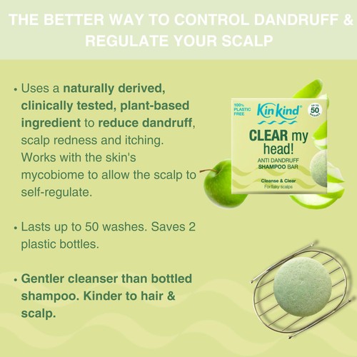 KinKind CLEAR My Head! Anti Dandruff Solid Shampoo Bar for Flaky Scalp
