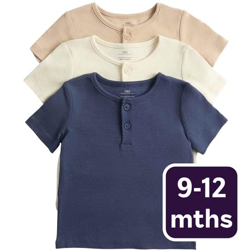M&S Boys Short Sleeve Henley Tops, 9-12 Months, Navy