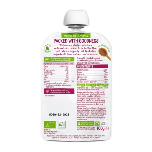 Piccolo Blushing Berries, Pear & Banana Organic Pouch, 4 mths+