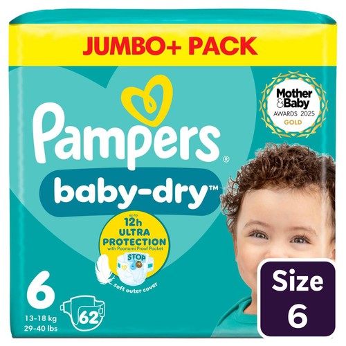 Pampers Baby-Dry Nappies, Size 6 (13-18kg) Jumbo+ Pack