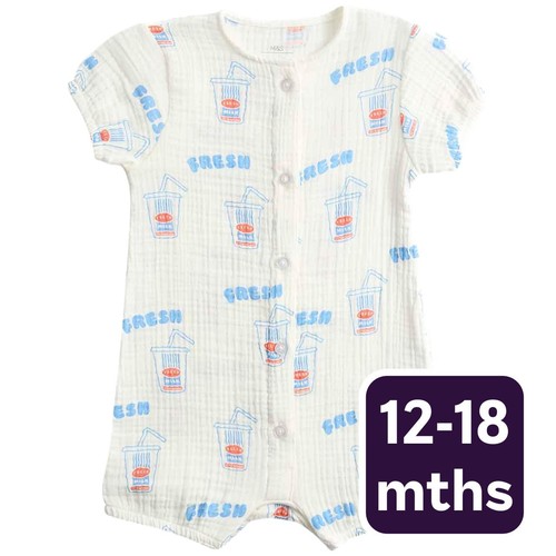 M&S Unisex Pure Cotton Milkshake Print Romper, 12-18 M, Cream