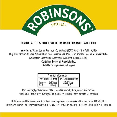 Robinsons  Single Strength Lemon No Added Sugar Squash