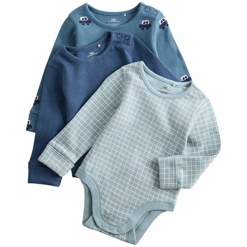 M&S Baby 3pk Pure Cotton Car Long Sleeve Bodysuits, 9-12 Months, Navy