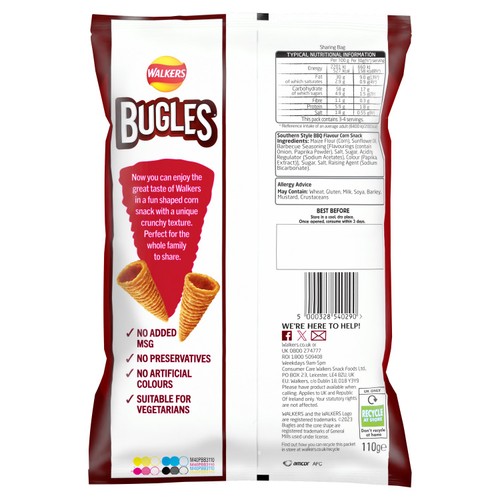 Walkers Bugles Southern Style BBQ Sharing Snacks Crisps 110g