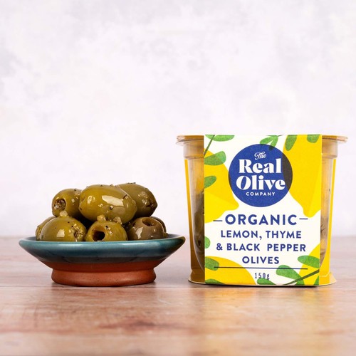 Real Olive Co. Organic Lemon, Thyme & Black Pepper Olives.