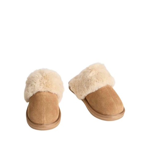 M&S Suede Faux Fur Trim Mule Slipper 7 Chestnut