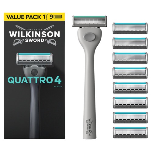 Wilkinson Sword Quattro for Men, Mens Razor Handle with 9 Blade Refills