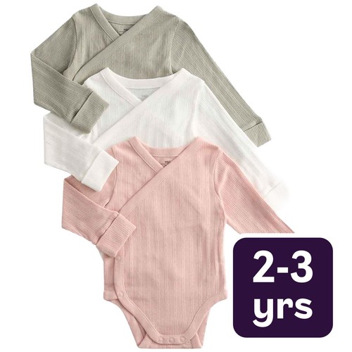 M&S Girls Pure Cotton Wrap Bodysuits, 2-3 Y, Khaki
