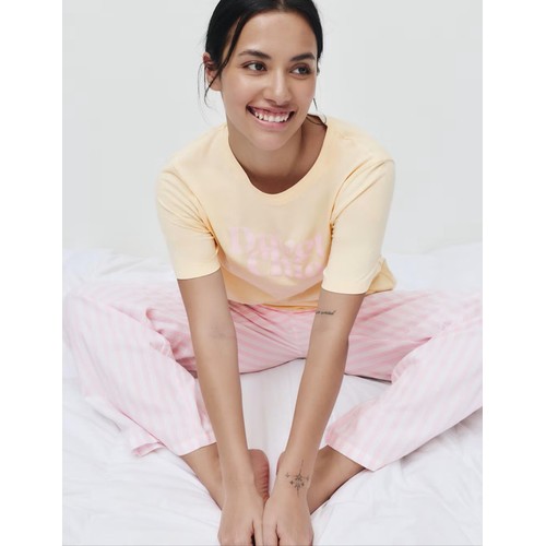 M&S Womens Pure Cotton Pyjama Set With Woven Bottoms, Small, Yellow