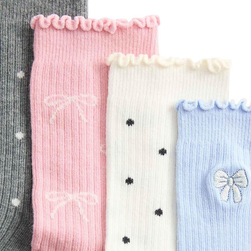M&S Girls Cotton Rich Bow Ribbed Socks, 4-7 Large, Multi