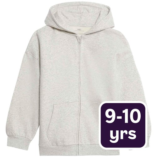 M&S Girls Cotton Rich Zip Hoodie, 9-10 Years, Grey Marl