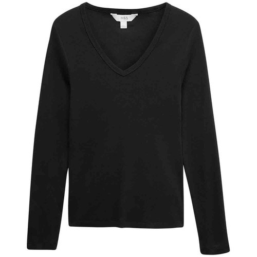 M&S Womens Cotton Rich Ribbed Plain V-Neck Slim Fit Top, 18, Black