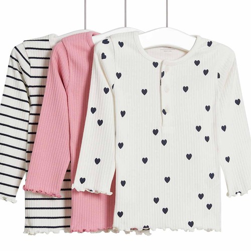 M&S Girls Long Sleeve Tops, 3 Pack, 3-6 Months, Pink