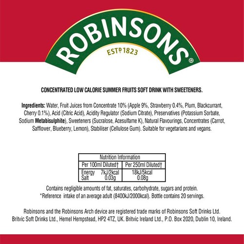 Robinsons Single Strength Summer Fruits No Added Sugar