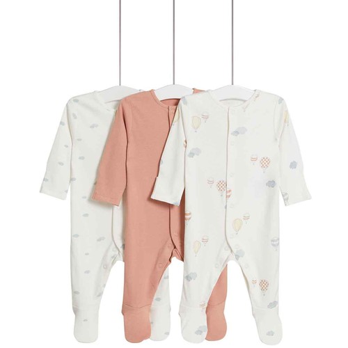 M&S Pure Cotton Balloon & Cloud Sleepsuits, 3 Pack, 18-24 Months 